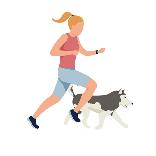 cartoon image of a woman running with a husky