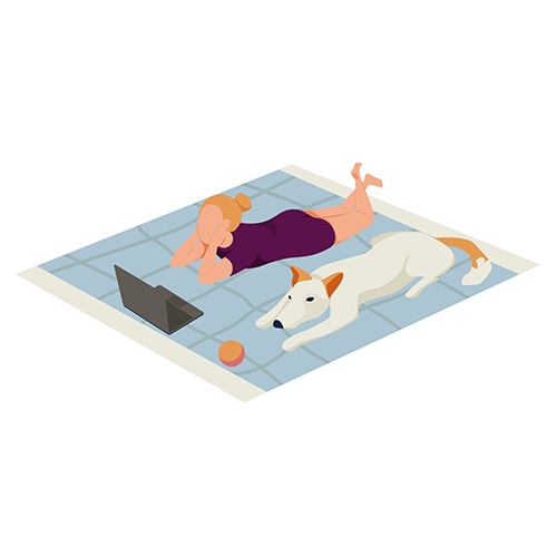 cartoon image of a dog lying next to a woman on a matt