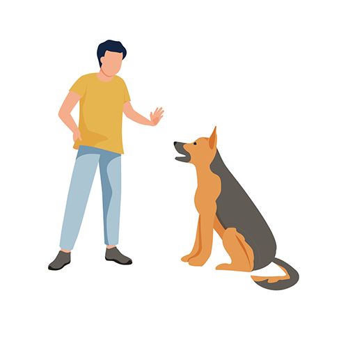 cartoon image of a man asking a dog to sit down