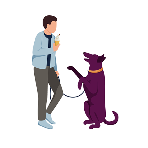 cartoon image of a man walking with a large dog