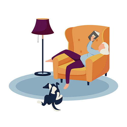 cartoon image of a woman and dog lounging together