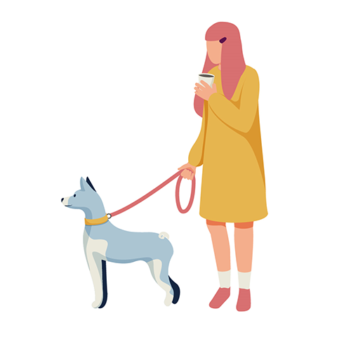 cartoon image of a woman walking with a medium dog