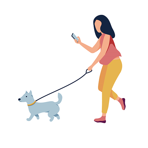 cartoon image of a woman walking with a small dog