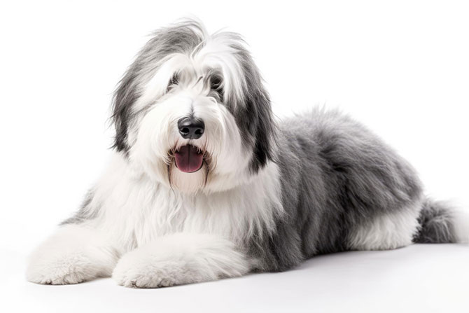 Old English Sheepdog ligger ned og slapper af