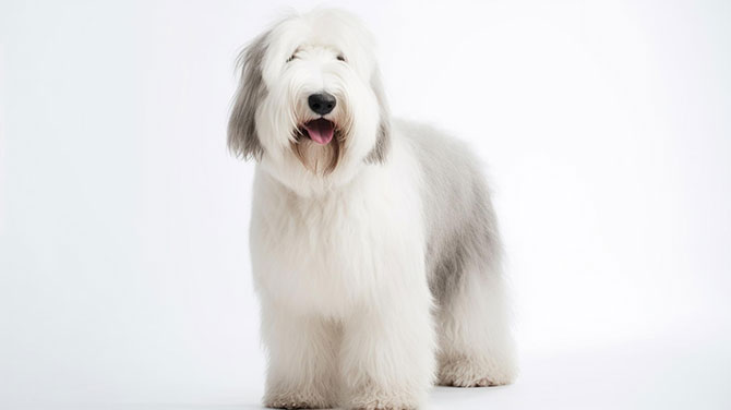 Old English Sheepdog står op